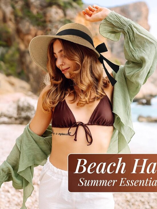 Women\'s Sun Hats Straw Beach Hat Sun Protection Foldable Khaki With Black Ribbon main image 5